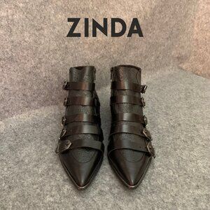 Zinda Women's Black Leather Straps Pointed Toe Booties Side Zip Ankle Boots